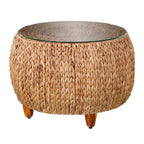 Table basse ronde en jacinthe d’eau avec plateau en verre