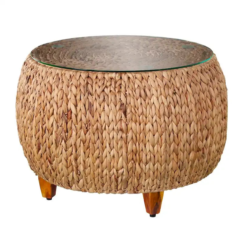Round Water Hyacinth Coffee Table with Glass Top