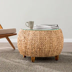 Table basse ronde en jacinthe d’eau avec plateau en verre