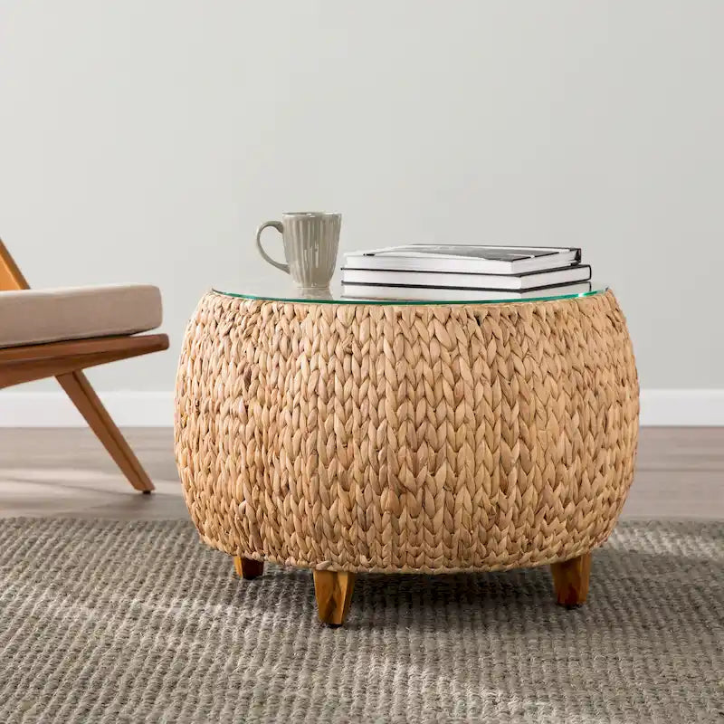 Round Water Hyacinth Coffee Table with Glass Top