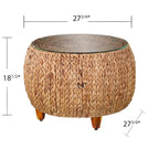 Table basse ronde en jacinthe d’eau avec plateau en verre