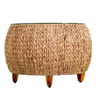 Table basse ronde en jacinthe d’eau avec plateau en verre