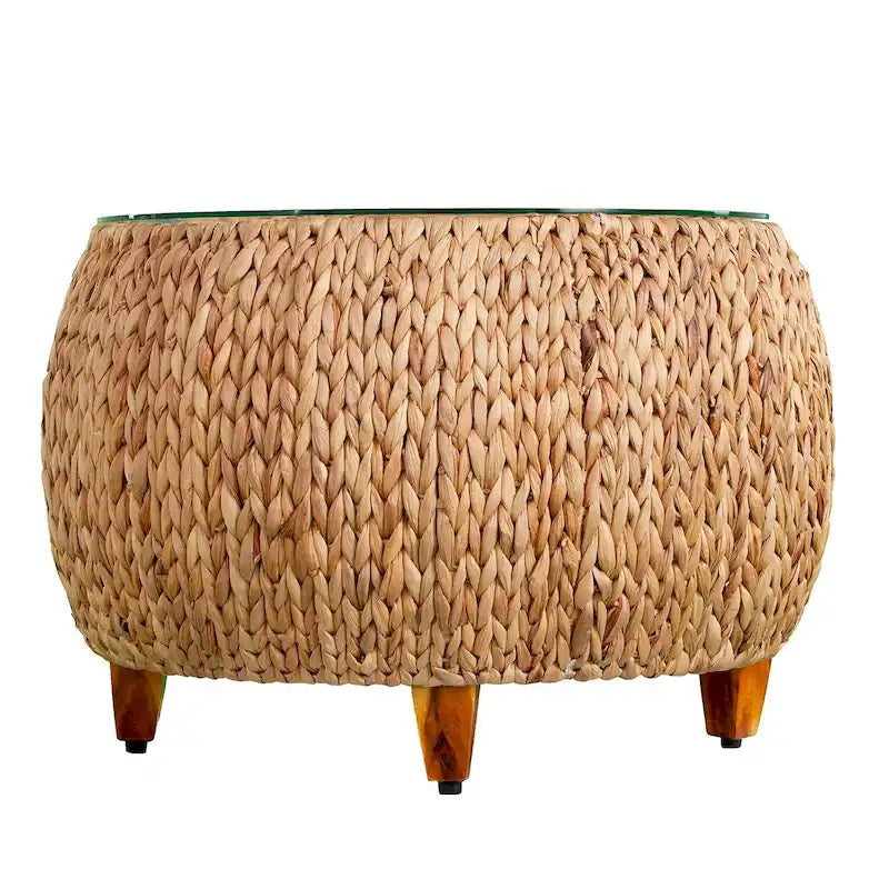 Table basse ronde en jacinthe d’eau avec plateau en verre