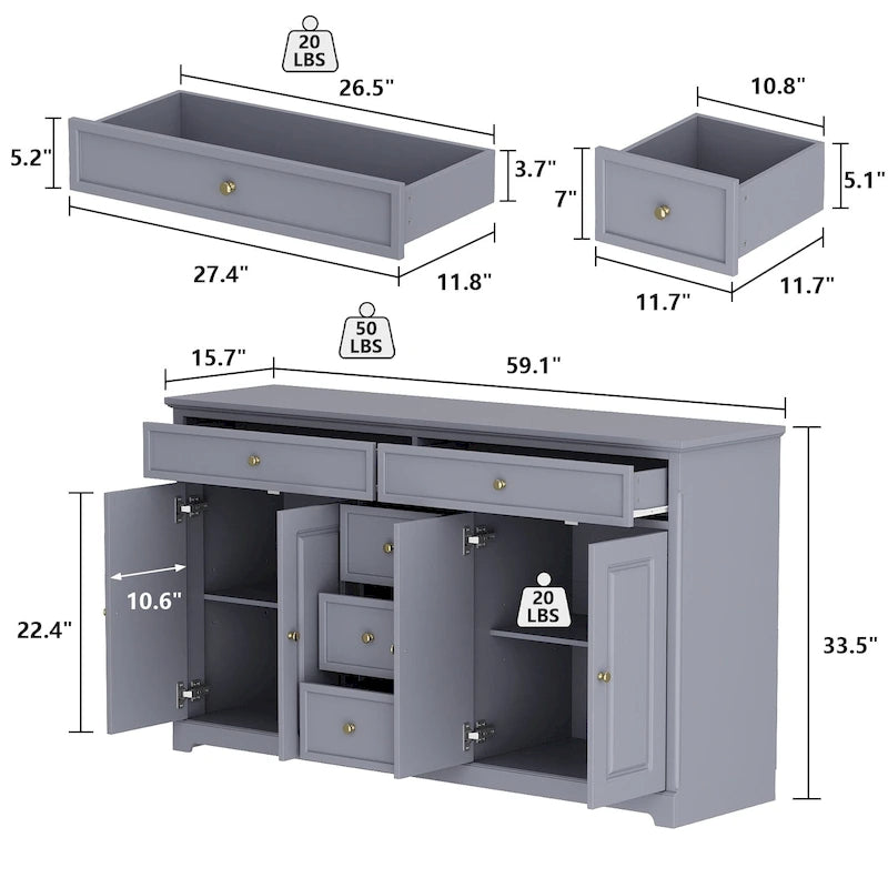 Storage Cabinet with 5 Drawers and Adjustable Shelves