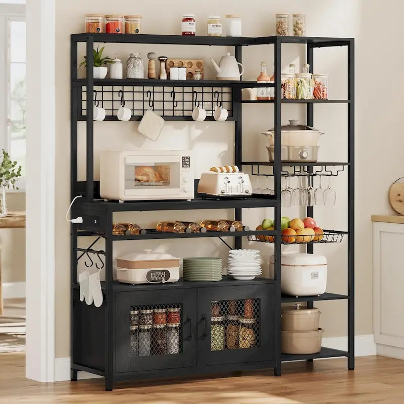 Kitchen Bakers Rack with Power Outlets and Storage Cabinet