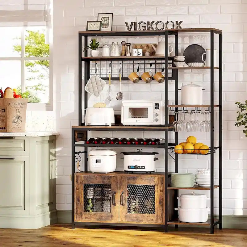 Kitchen Bakers Rack with Power Outlets and Storage Cabinet