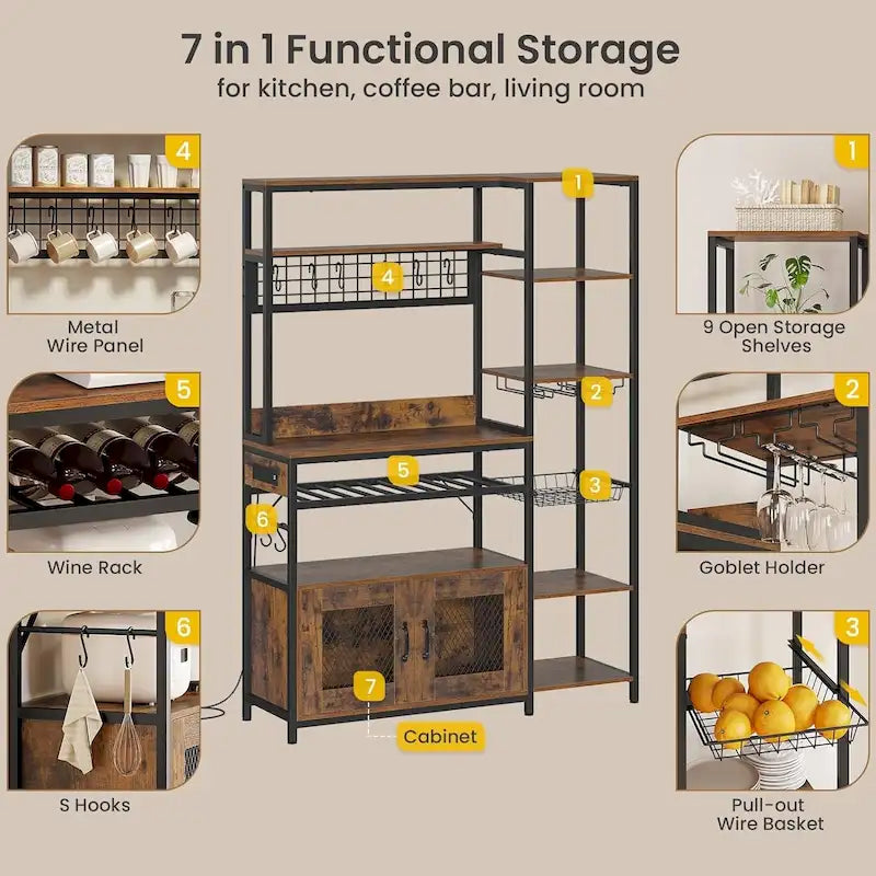 Kitchen Bakers Rack with Power Outlets and Storage Cabinet