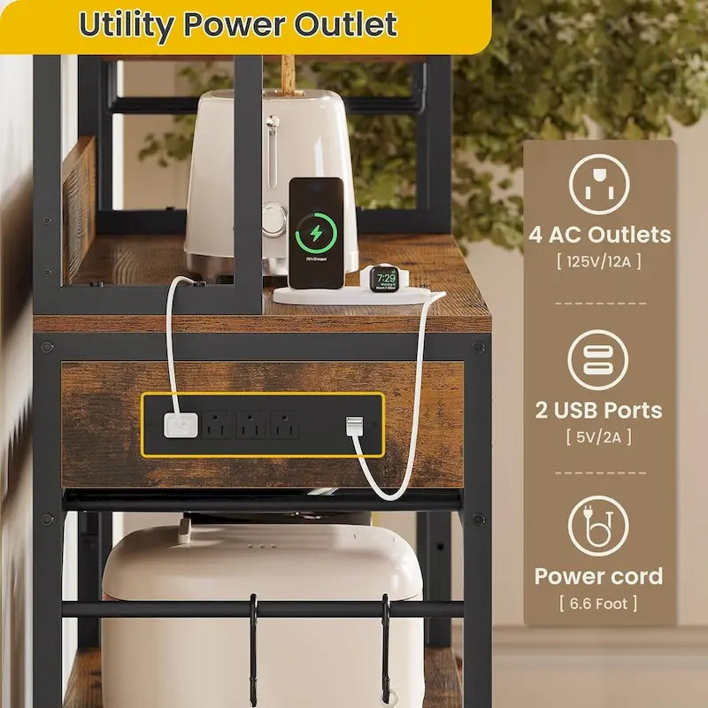 Kitchen Bakers Rack with Power Outlets and Storage Cabinet