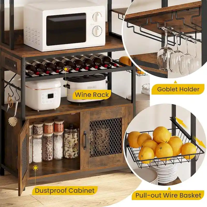 Kitchen Bakers Rack with Power Outlets and Storage Cabinet