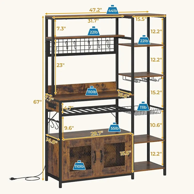 Kitchen Bakers Rack with Power Outlets and Storage Cabinet