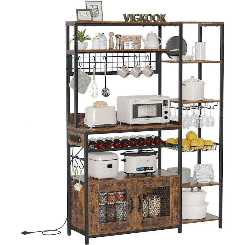 Kitchen Bakers Rack with Power Outlets and Storage Cabinet