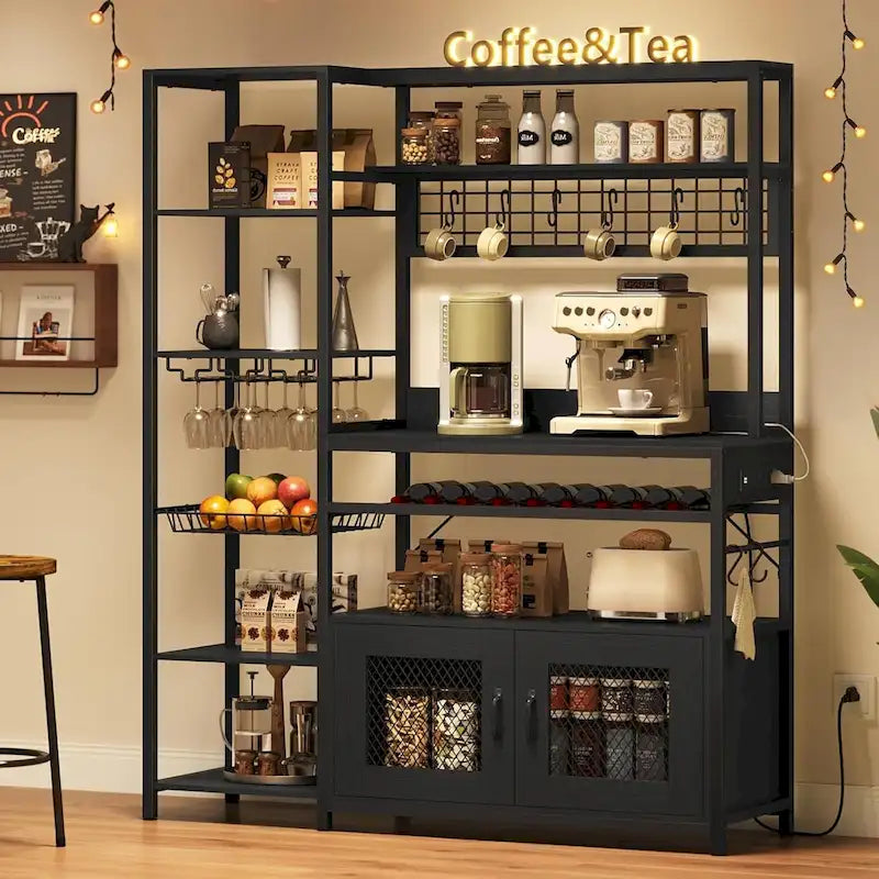Kitchen Bakers Rack with Power Outlets and Storage Cabinet
