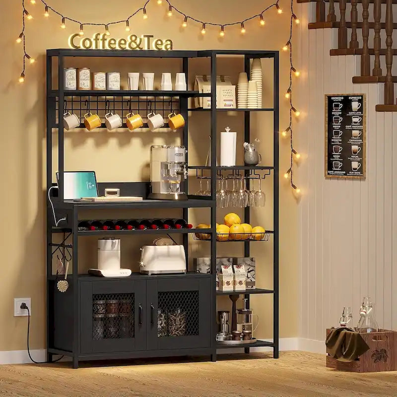 Kitchen Bakers Rack with Power Outlets and Storage Cabinet