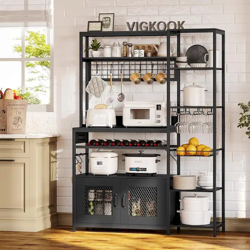 Kitchen Bakers Rack with Power Outlets and Storage Cabinet
