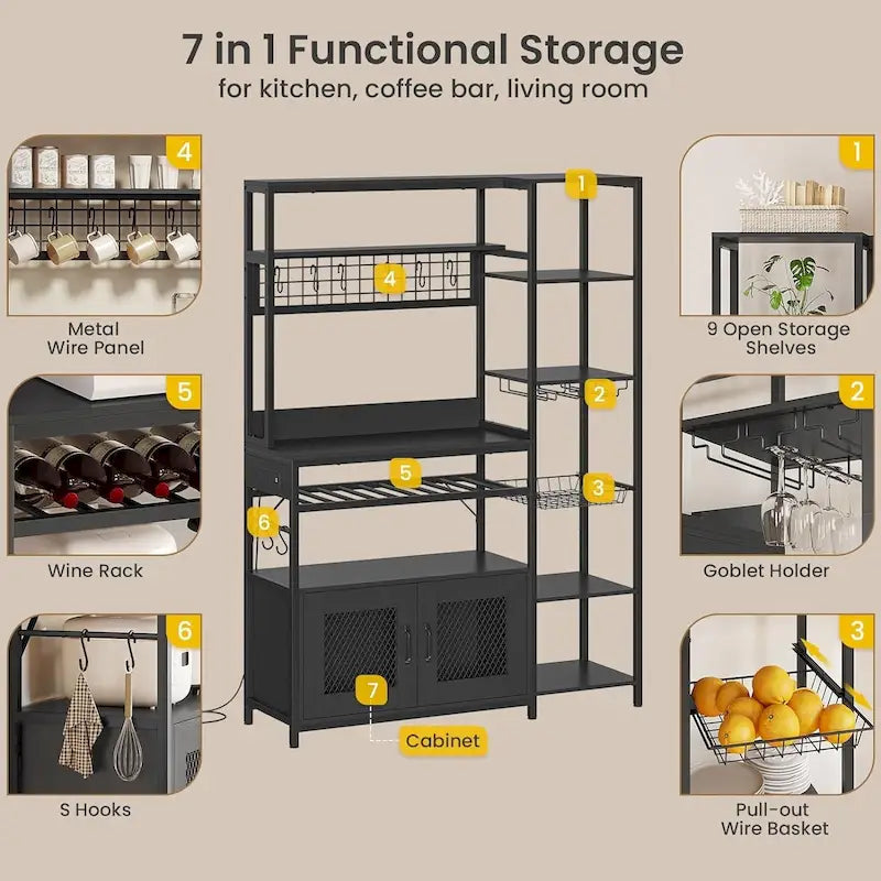 Kitchen Bakers Rack with Power Outlets and Storage Cabinet