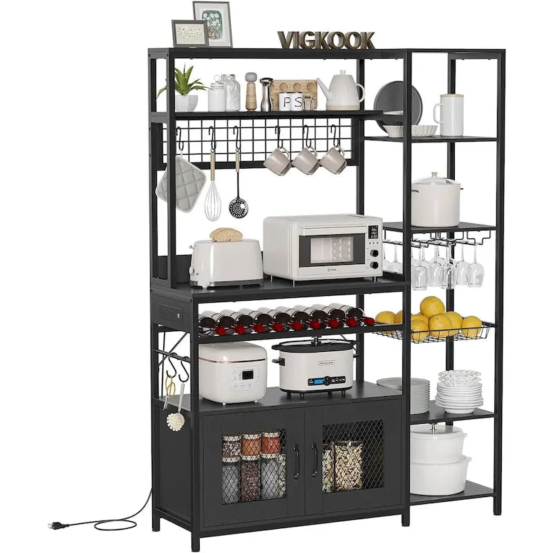Kitchen Bakers Rack with Power Outlets and Storage Cabinet