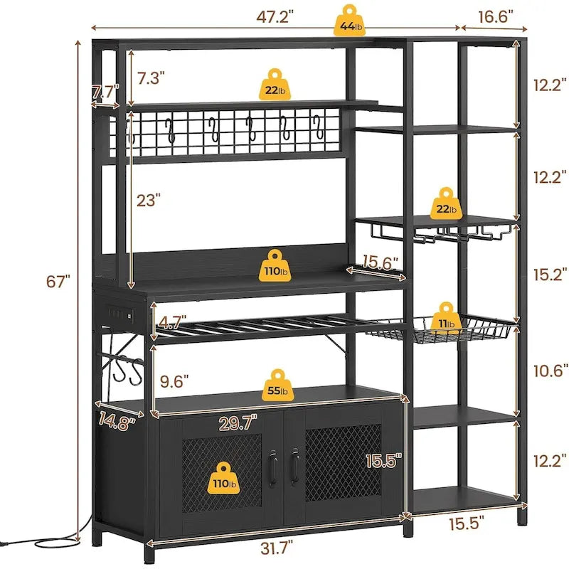 Kitchen Bakers Rack with Power Outlets and Storage Cabinet