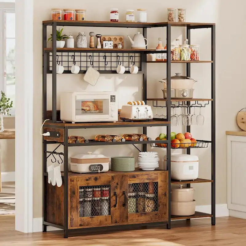 Kitchen Bakers Rack with Power Outlets and Storage Cabinet