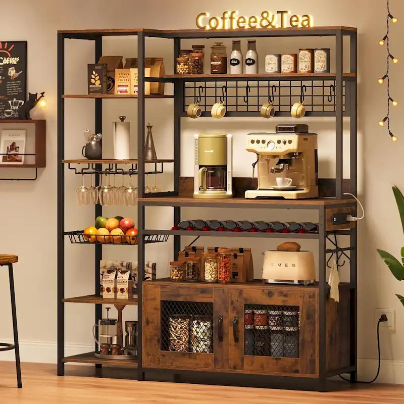 Kitchen Bakers Rack with Power Outlets and Storage Cabinet