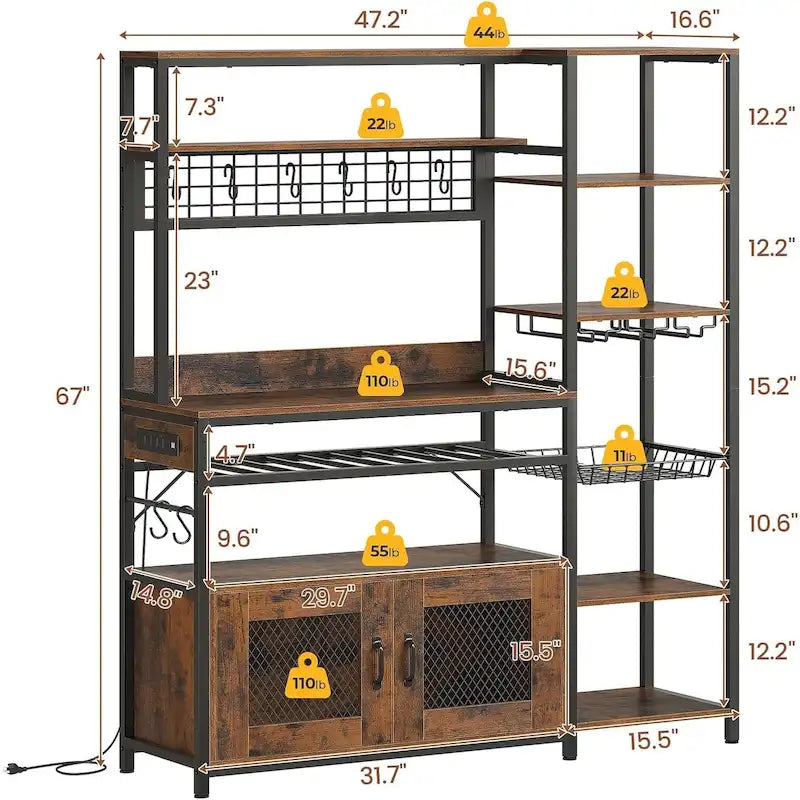 Kitchen Bakers Rack with Power Outlets and Storage Cabinet