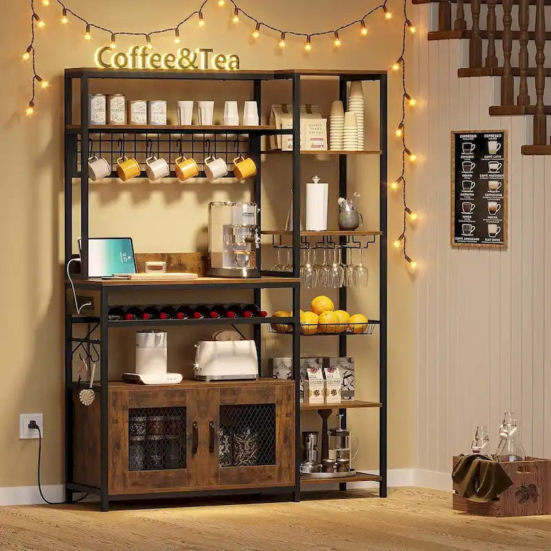 Kitchen Bakers Rack with Power Outlets and Storage Cabinet