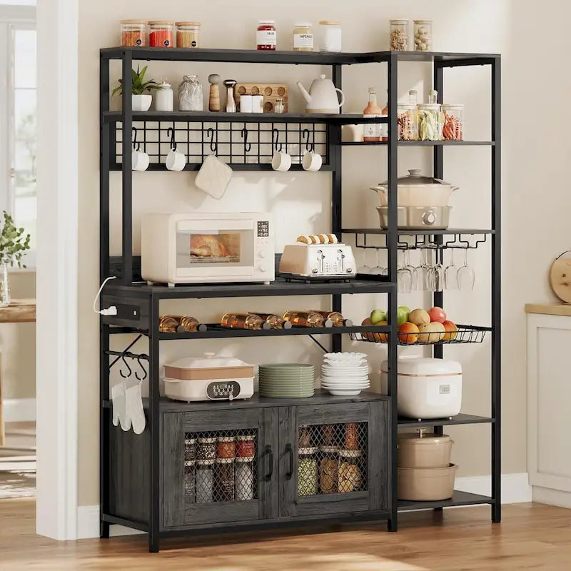 Kitchen Bakers Rack with Power Outlets and Storage Cabinet