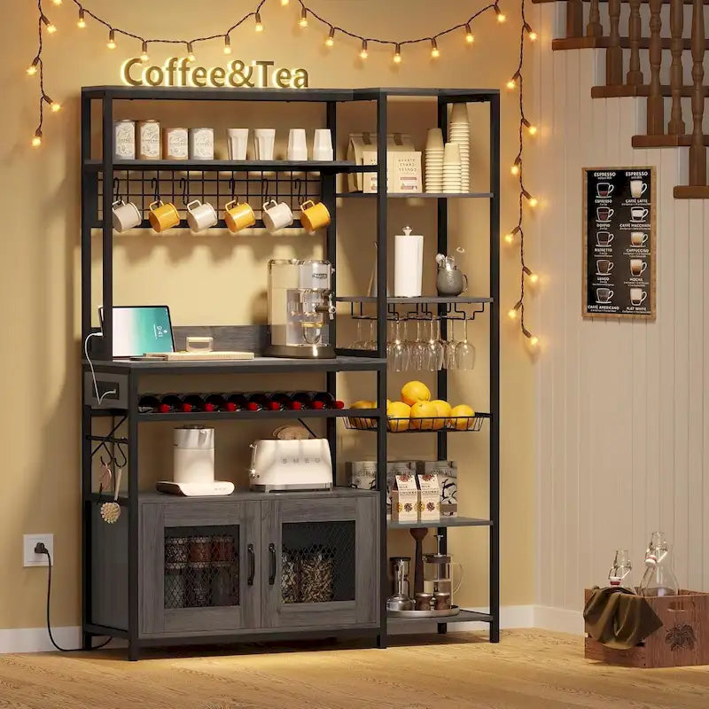 Kitchen Bakers Rack with Power Outlets and Storage Cabinet
