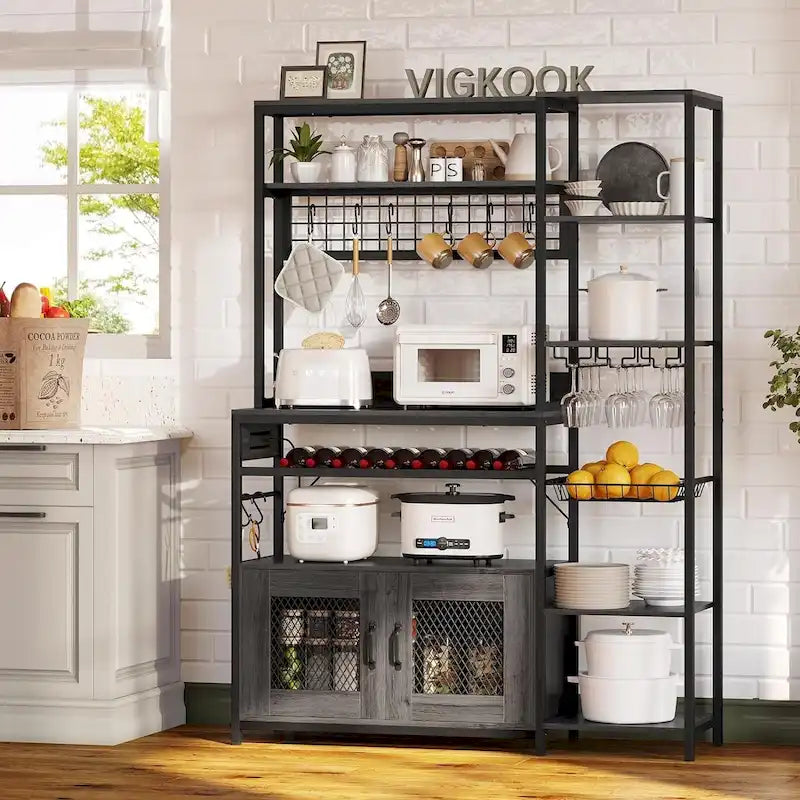 Kitchen Bakers Rack with Power Outlets and Storage Cabinet