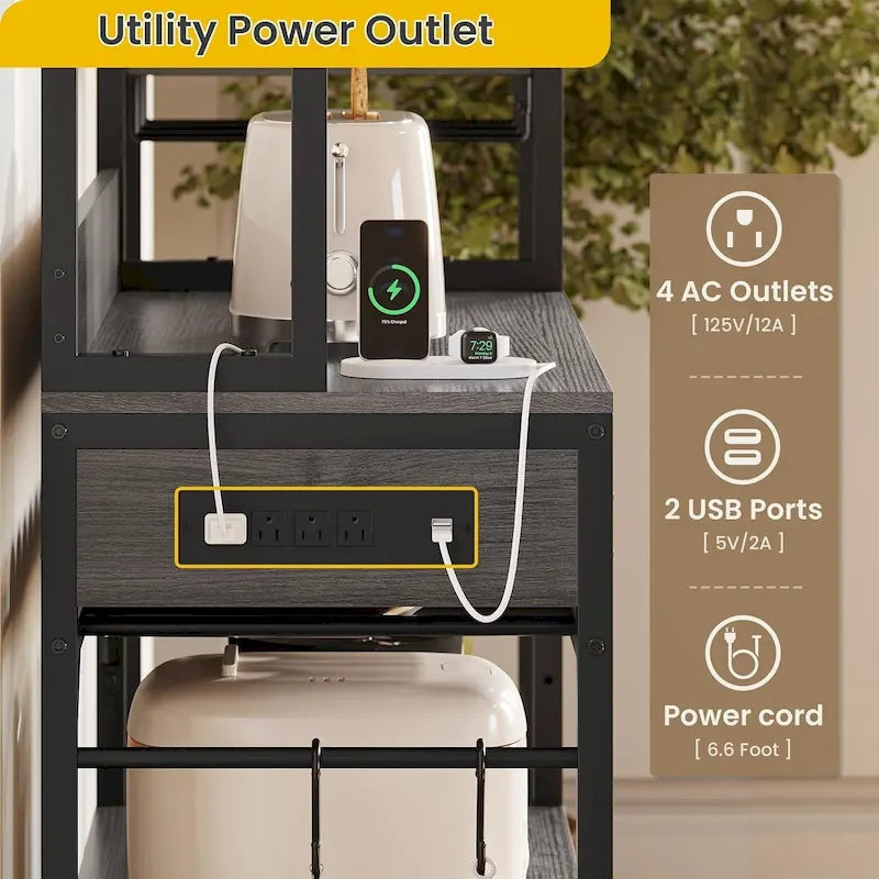 Kitchen Bakers Rack with Power Outlets and Storage Cabinet