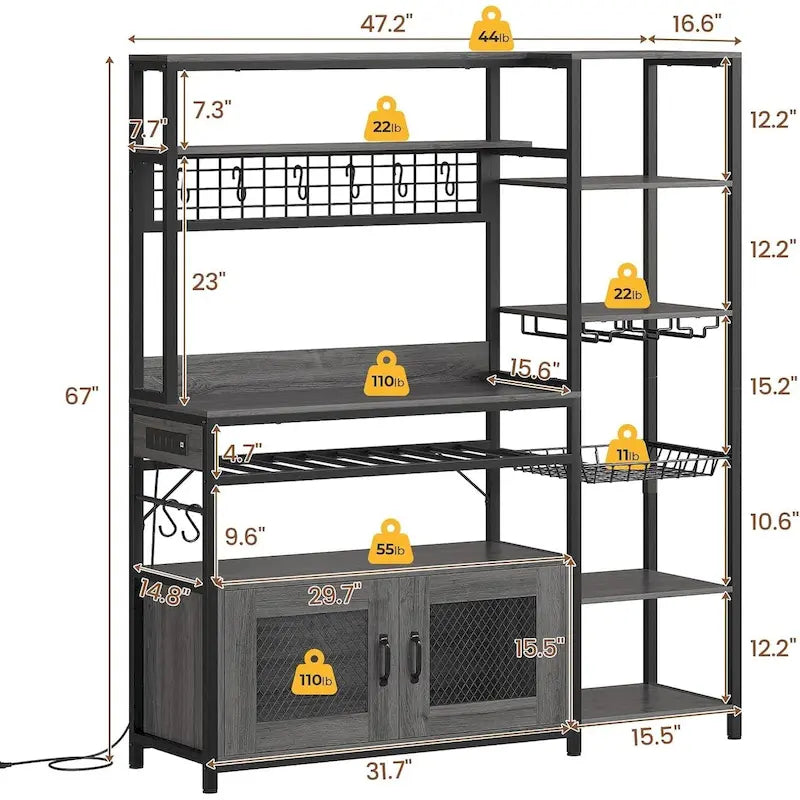 Kitchen Bakers Rack with Power Outlets and Storage Cabinet