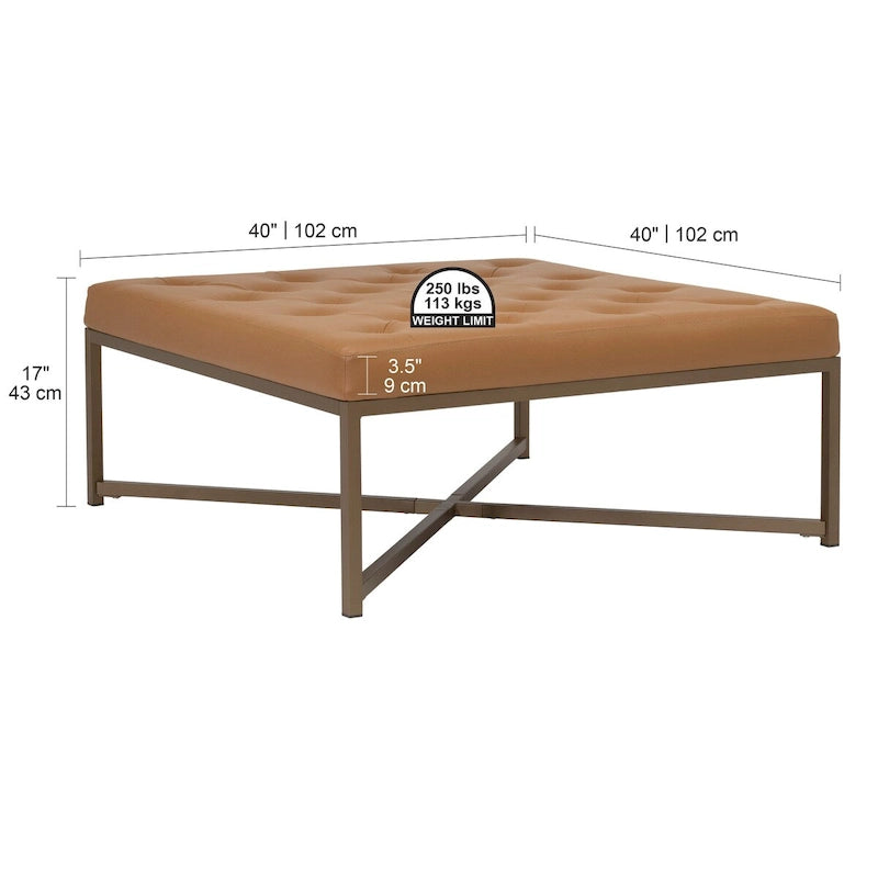 Gepolsterter Ottoman aus gebundenem Leder mit Metallrahmen