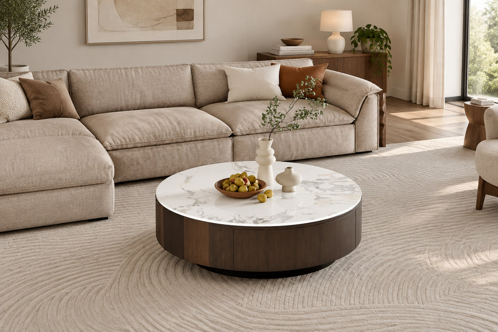 35 Modern Faux Marble Round Coffee Table, White Glossy Sintered Stone Tabletop, Mid Century Table with Solid Wood Drawer