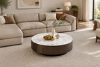 35 Modern Faux Marble Round Coffee Table, White Glossy Sintered Stone Tabletop, Mid Century Table with Solid Wood Drawer