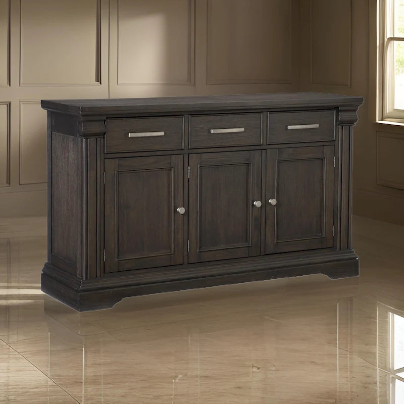 Ruth 60 Inch Sideboard Server Buffet, 3 Drawer 3 Cabinet, Rustic Brown Wood